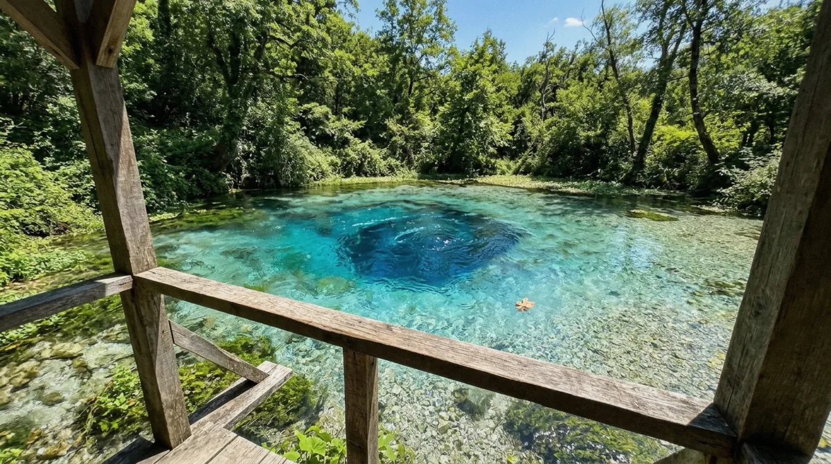 Sapphire-blue water lit by direct overhead sun at the Blue Eye Albania spring near Saranda, the best time to visit for colour