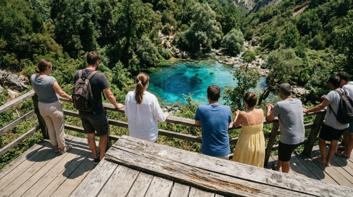 Visitors packed along the railing at midday in July, the crowd that decides the best time to visit Blue Eye Albania