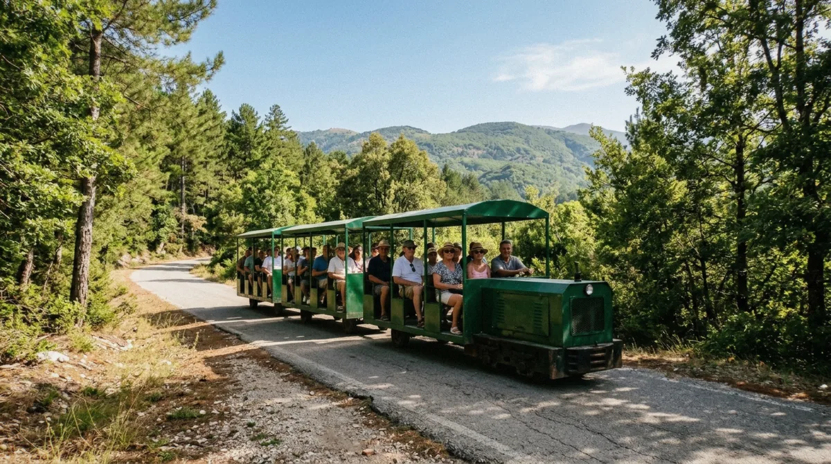 The green tourist train carrying visitors up the access road, the paid alternative to the walk when you get to the Blue Eye Albania spring from Saranda