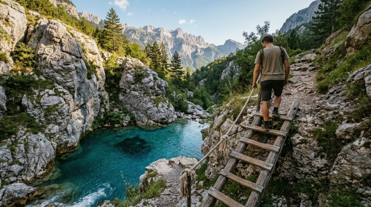 A hiker climbing down the wooden ladder into the Blue Eye of Theth, the mountain pool travelers confuse with Blue Eye Albania near Saranda