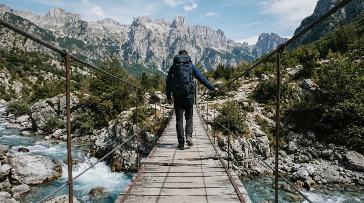 The narrow suspension bridge on the trail to the Blue Eye Albania Theth pool in the northern Alps