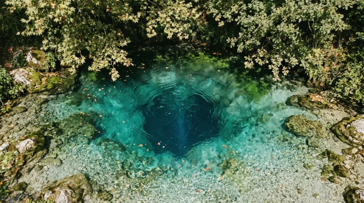Turquoise water welling up over the dark central shaft of the Blue Eye Albania karst spring at Syri i Kaltër near Saranda